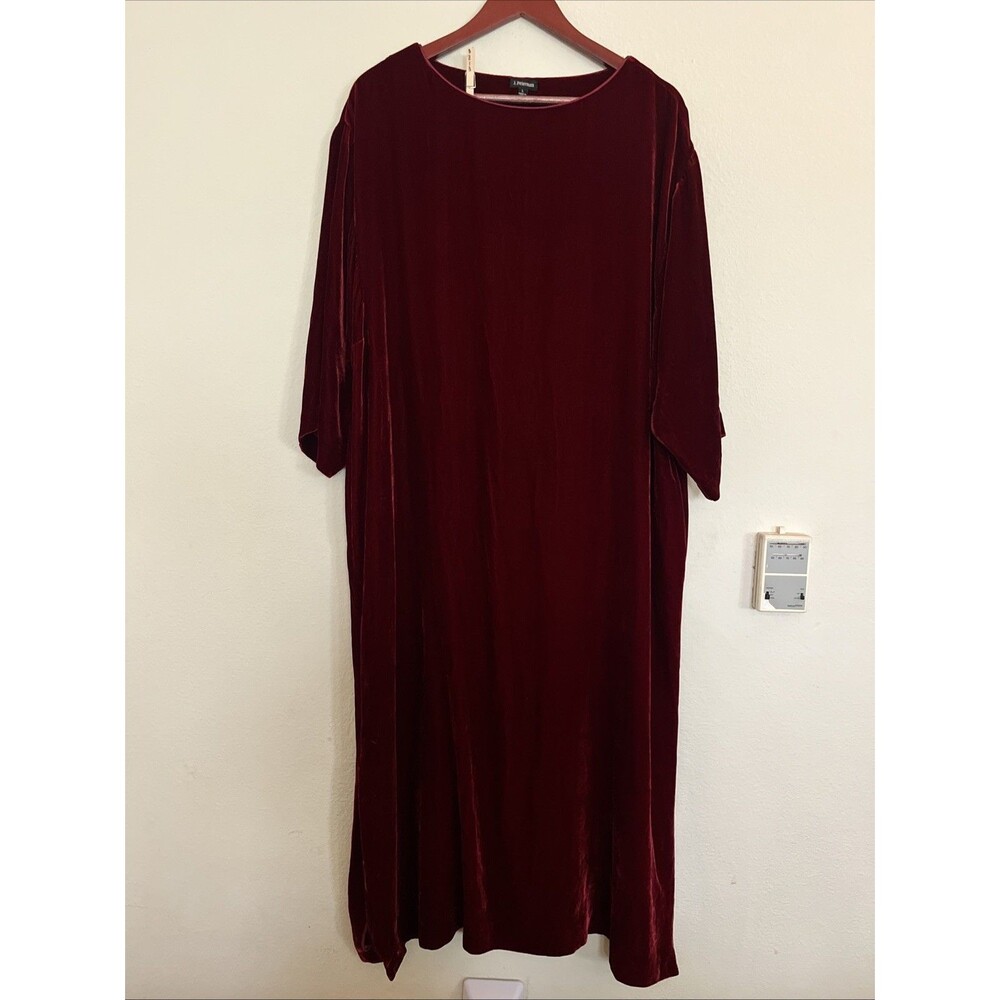 J Peterman Burgundy Maroon Velvet Pockets Kaftan Caftan Silk Rayon Maxi Dress L